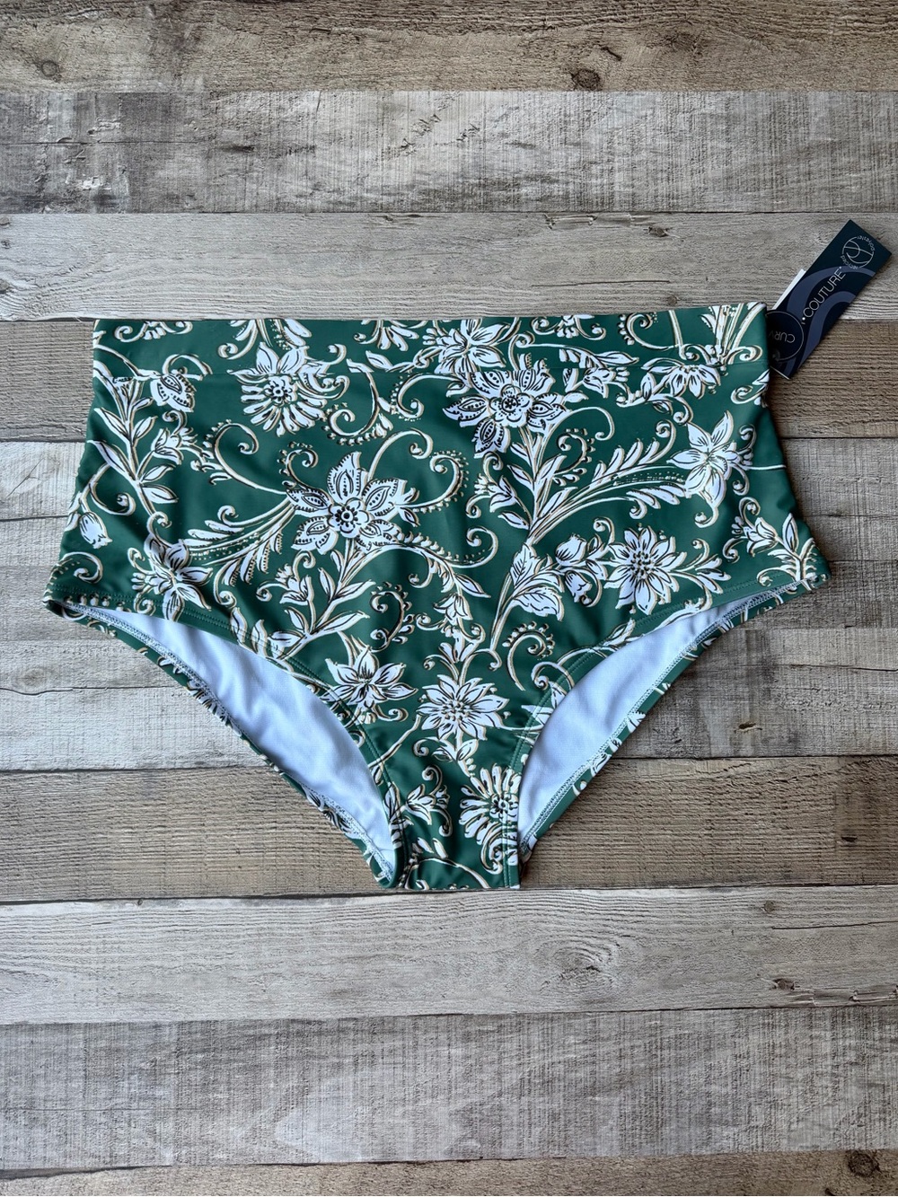 High Waisted Bikini Bottoms Olive Green Floral Print Plus Size 1X NWT